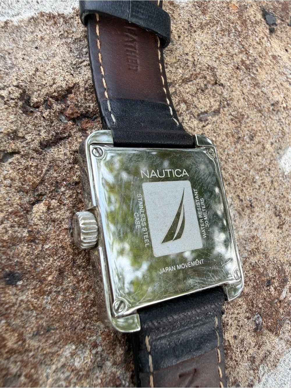 Nautica Black Dial Square Stainless Watch with Black Leather Strap